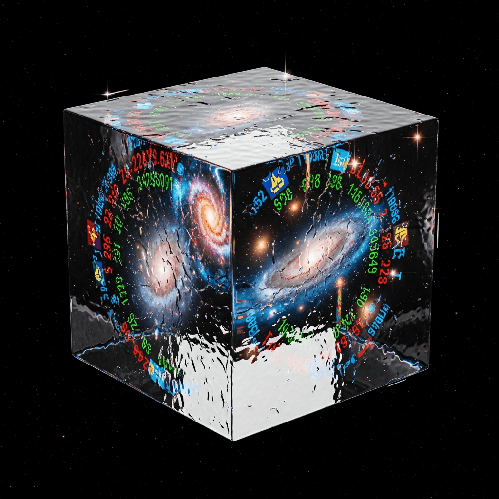 A single, perfect cube of shimmering, unstable water suspended in the void of space. Inside the cube, galaxies and glowing financial tickers swirl chaotically. The cube itself seems to be glitching, its edges blurring and reforming. Tag: unstable coin, digital art, surrealism, cosmic horror.