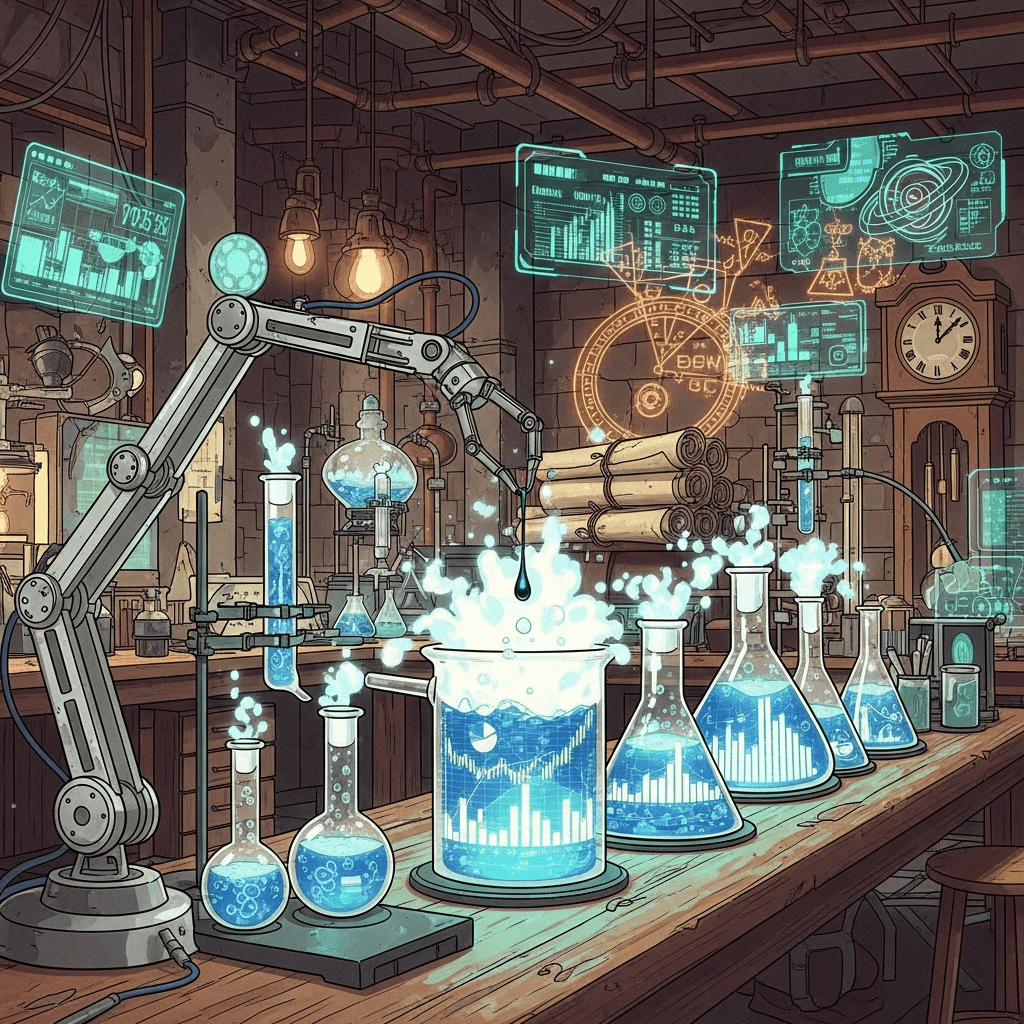 An alchemical laboratory from a retro-futuristic anime. Glowing beakers contain bubbling, iridescent liquids that resemble financial charts and graphs. A robotic arm carefully adds a single drop of a dark, viscous substance, causing a chain reaction. The aesthetic is a mix of a science lab and a wizard's tower, with holographic displays flickering next to ancient-looking scrolls.
