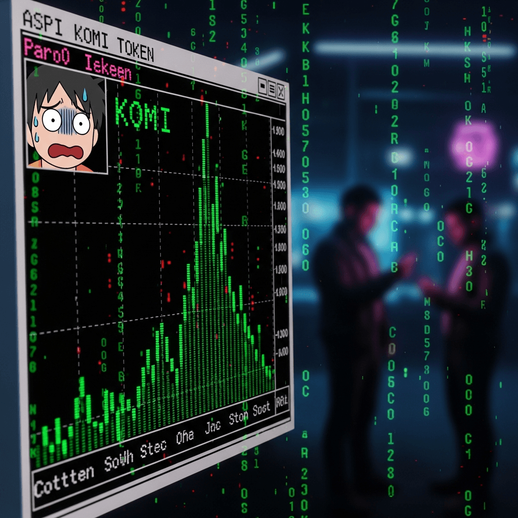 Retro ASCII art trading terminal screen showing KOMI token chart with dramatic price spike, glitch aesthetic with green and red pixels, Japanese anime-style character with nervous face in corner watching chart, cyberpunk traders in background, digital rain effect, low resolution aesthetic reminiscent of 1990s financial software