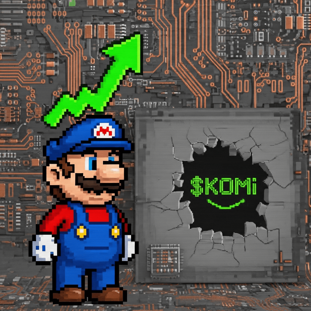 A pixelated, glitchy image of a classic 8-bit plumber character with a blue overall and red shirt, but his cap is replaced with a stock chart arrow pointing upwards. The background is a fragmented, circuit-board like pattern with faint, shy $KOMI logo peeking from behind a pixelated wall.