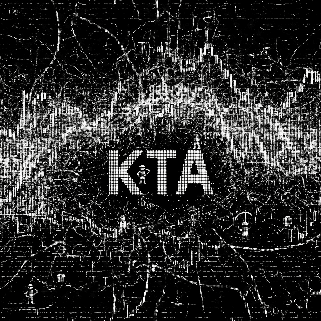 A complex, chaotic ASCII art collage. At the center, a distorted representation of the KTA symbol. Around it, swirling lines of data, fragmented market graphs, and tiny pixelated 'worker' figures holding digital pickaxes. Overall theme: digital uprising, meme power.