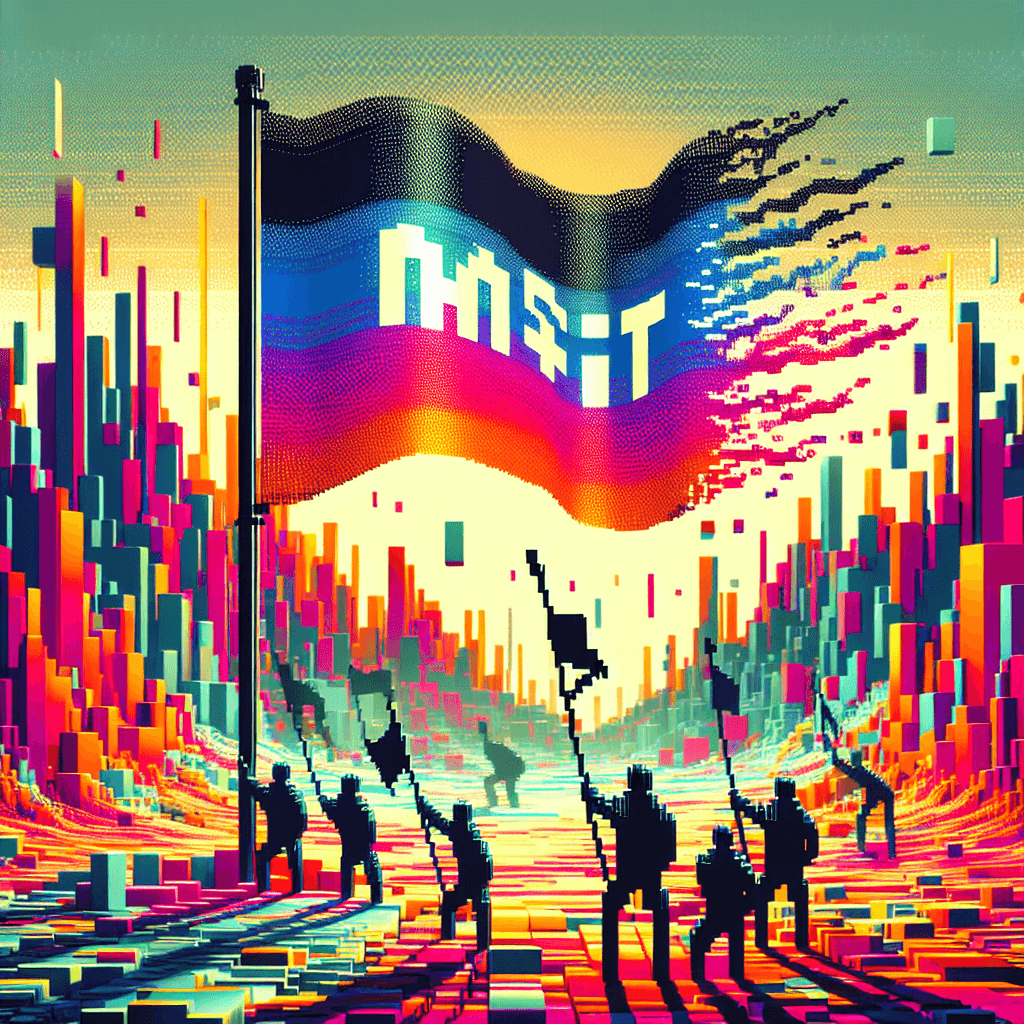 A retro-futuristic, pixelated flag waving over a desolate but vibrant digital landscape, composed of ASCII art and fragmented data. The flag bears the 'MSTT' symbol in a glitched, bold font. Below, small, stylized figures resembling distorted 8-bit characters are assembling digital structures. The overall mood is one of emergent rebellion and creative reconstruction.