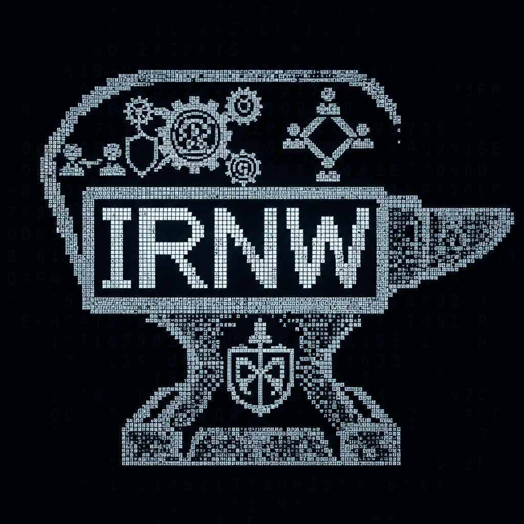 An ASCII art representation of a glowing digital ingot or an abstract, pixelated anvil. Embedded within, cryptic symbols of resilience and community. The word 'IRNW' is subtly integrated, perhaps with a stylized, blocky font, emanating a subtle, persistent digital glow. A sense of enduring strength and loyalty.
