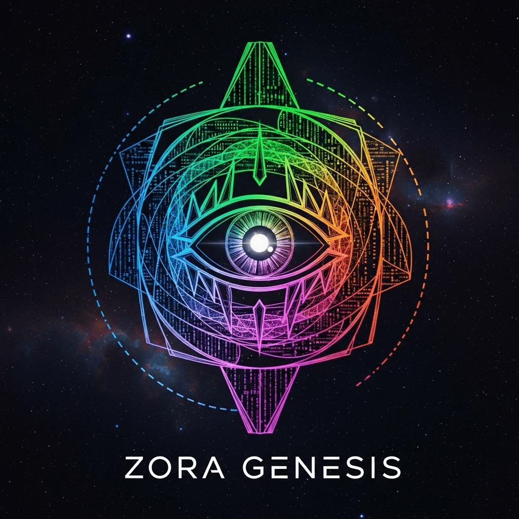 A sigil-like logo for Zora Genesis. It combines a stylized eye within an abstract, swirling geometric form, rendered in vibrant, iridescent colors. The background is a dark, starry void. Subtle ASCII art patterns are woven into the geometric structure, giving it a digital, cryptic feel.