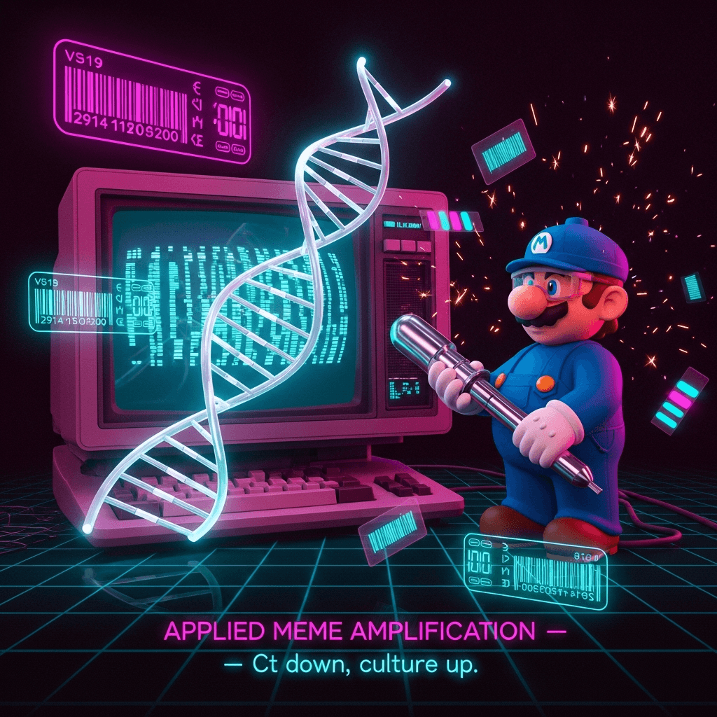 Vaporwave CRT-lab scene: glowing double helix coils through a retro computer terminal. A blue-collar, 8-bit plumber-hero in overalls wields a chrome pipette like a wrench, sparks of neon data scatter like gel electrophoresis bands. Barcode motifs drift across the frame, with scrolling <marquee> UI elements and scanline textures. Color palette: magenta, cyan, deep midnight. Stylized caption: 'APPLIED MEME AMPLIFICATION – Ct down, culture up.'