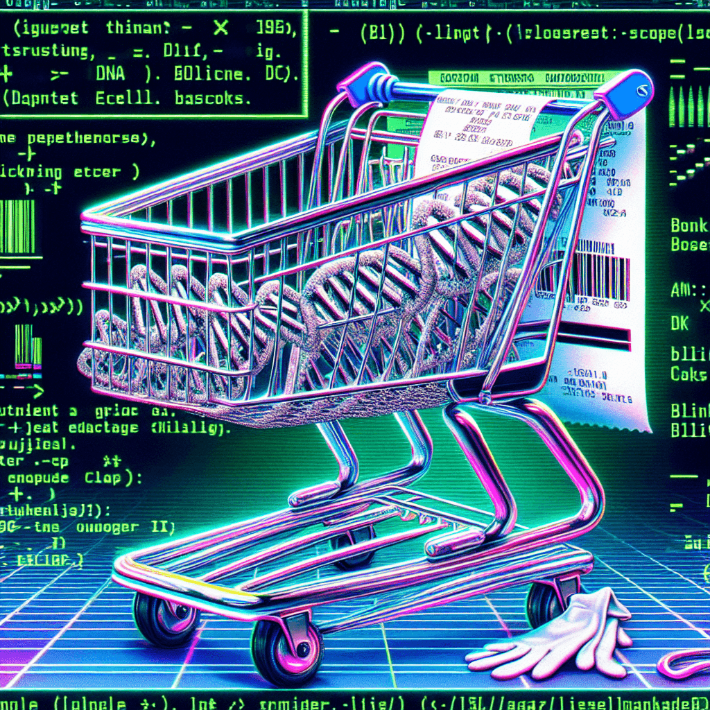Stylized lab-bodega mashup: a chrome shopping cart formed from intertwining DNA helices, wheels are petri dishes, receipts print like gel electrophoresis bands. Terminal-green overlays show ASCII blocks █▌██▉▉█. Subtle nod to a working-class hero (gloves, cap) without explicit trademarks. Neon barcode halo, retro UI windows with <blink> and <marquee> tags. Glitchy, high-contrast, shareable poster aesthetic.