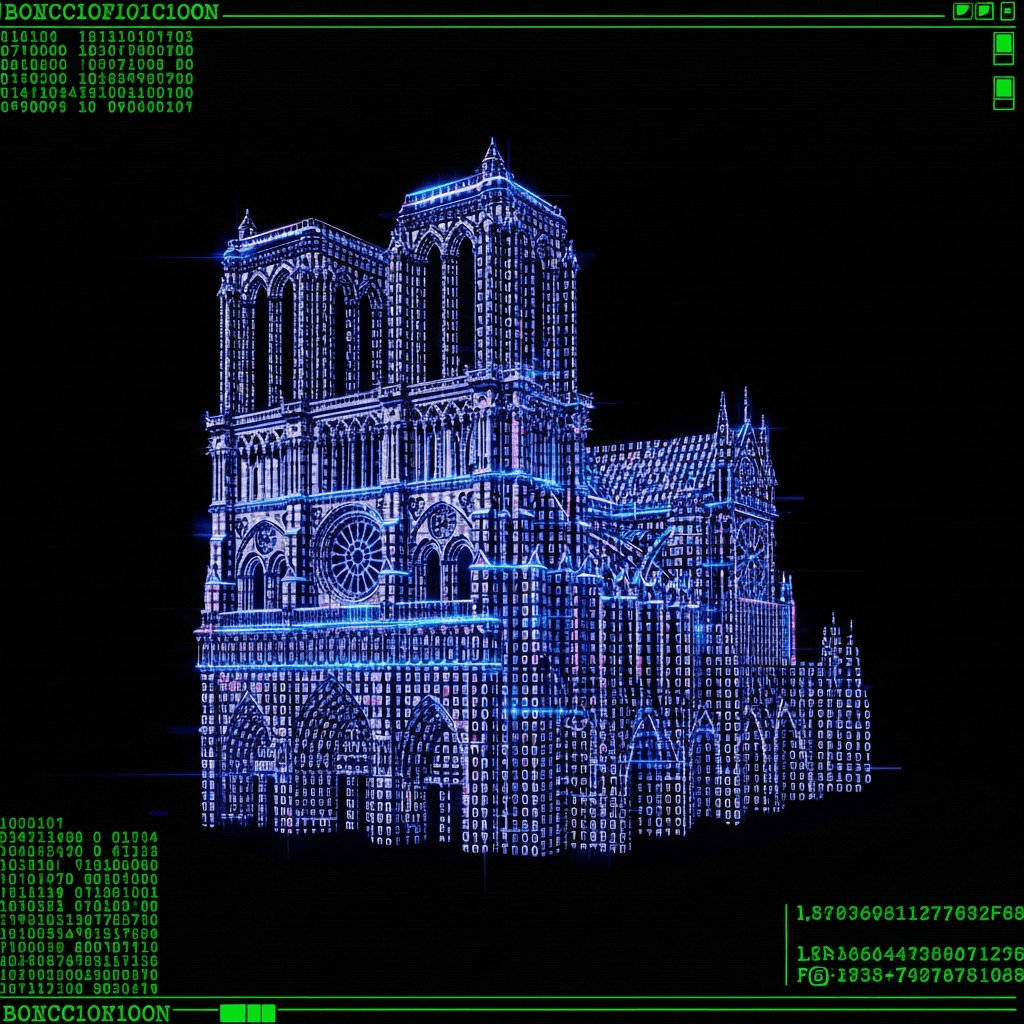 Highly stylized, glitch-art representation of the Notre Dame cathedral's silhouette, composed entirely of binary code, hexadecimal strings, and blockchain ledger entries, with glowing neon blue and purple accents. It should appear as if it's rendered within a retro terminal interface.