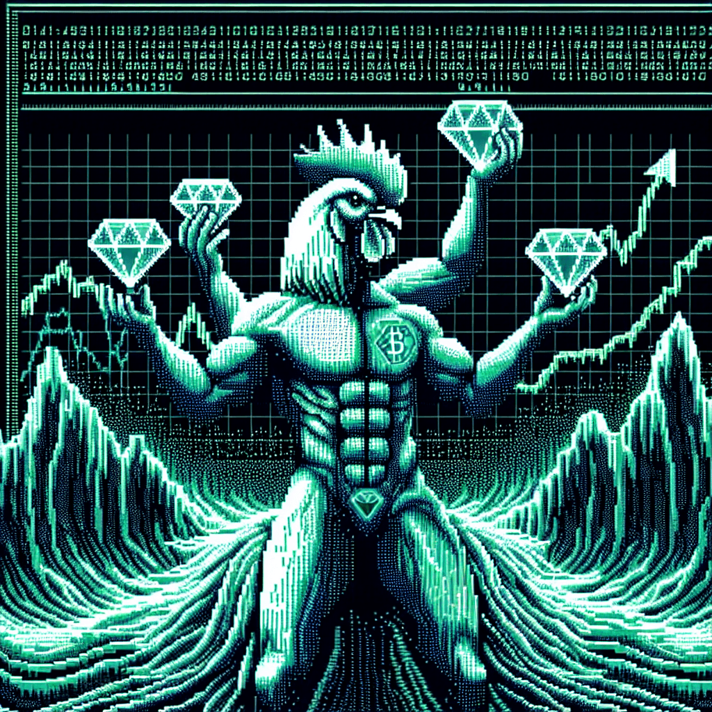 Massive ASCII art sigil of Tottenham Spurs cock mascot glitching into a diamond hands hodler, surrounded by binary code waves and price charts pumping, in a terminal screen aesthetic with green phosphor glow, distorted matrix style, ultra-detailed text art for meme overlay