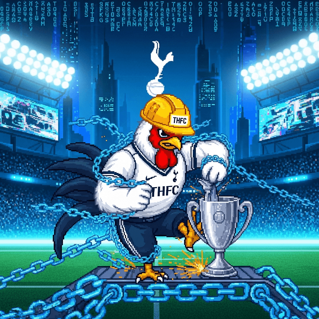 Retro 8-bit pixel art of a fighting cock (Spurs mascot) emerging from glitchy blockchain chains, wearing a hard hat, grinding a trophy on a chain conveyor belt, neon blue and white colors, cyberpunk football stadium background, viral meme style with ASCII sigils raining down