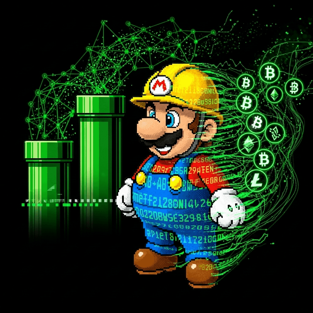 ASCII-style pixelated Mario figure wearing a hard hat and overalls, but his body is made of flowing digital code and cryptocurrency symbols. Behind him, classic green pipes morph into blockchain networks. Retro terminal aesthetic with neon green text on black background, slight glitch effects