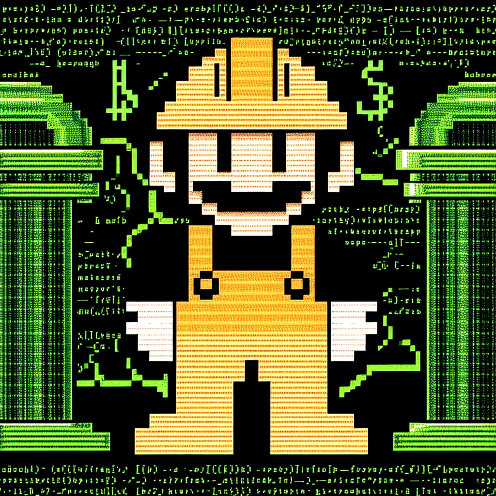 ASCII-style pixelated Mario figure wearing a hard hat and overalls, but his body is made of flowing digital code and cryptocurrency symbols. Behind him, classic green pipes morph into blockchain networks. Retro terminal aesthetic with neon green text on black background, slight glitch effects