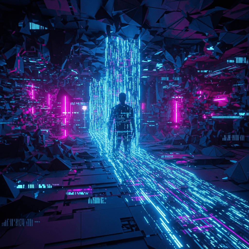 Abstract digital landscape with fragmented reality, binary code flowing like rivers, a shadowy figure (representing Anthony Davis) partially integrated into the data stream, neon glitches, dark tones with vibrant electric blue and purple highlights, reminiscent of early 2000s net art.