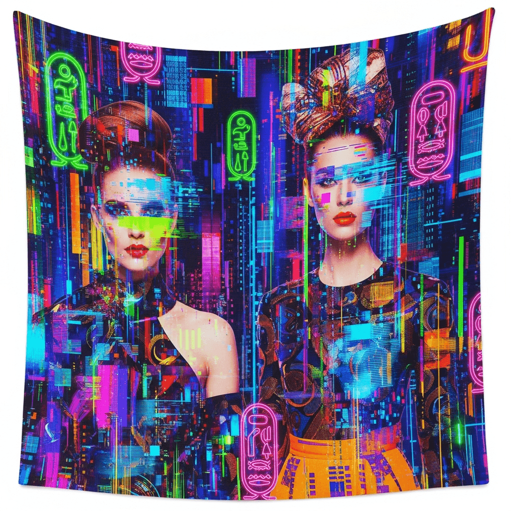 An abstract, glitchy tapestry woven from digital threads and haute couture imagery, with neon Egyptian hieroglyphs subtly integrated. The overall aesthetic should be reminiscent of early internet art mixed with high fashion photography, conveying a sense of emergent digital consciousness.