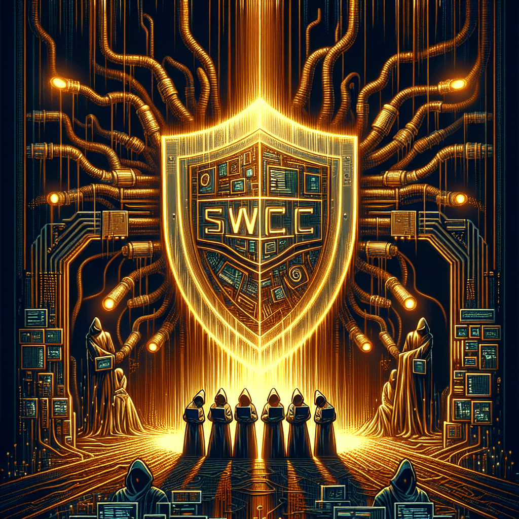 Digital art deco style. A massive, glowing, translucent shield with the letters 'SWC' etched on it. Behind the shield, anonymous, hooded figures are meticulously building a complex, glowing network of pipes and circuits. Beams of golden light, representing capital and support, are deflecting off the shield and being channeled into the network, making it pulse with energy. Dark, shadowy tendrils try to breach the shield but disintegrate on contact. A sense of quiet, focused construction under protection. Retro terminal aesthetic, dark background, neon highlights.