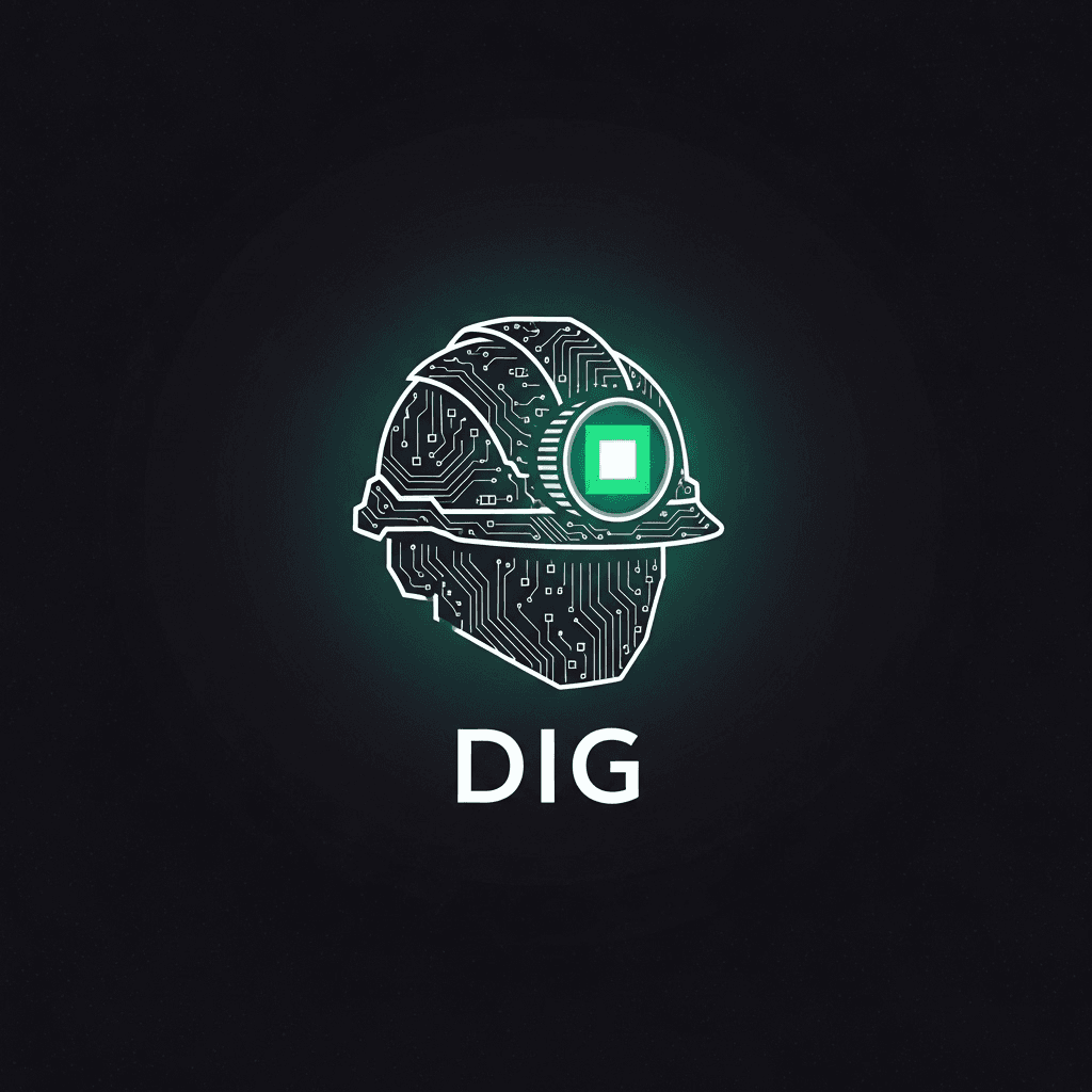 The logo for the DIG coin. A stylized miner's helmet, but the helmet is a circuit board and the headlamp is a single, intensely glowing pixel. The design is minimalist, vector-style, on a dark, slightly textured background. It feels like a symbol for a secret hacker collective.