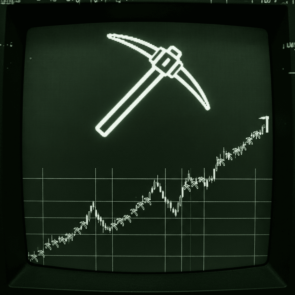 An old, green-and-black monochrome computer terminal screen. On the screen is a single, large, glowing ASCII art pickaxe. Below it, a stock chart is trending sharply upwards, but the line of the chart is also made of tiny, repeating pickaxe emojis. The entire image has a slight CRT screen-burn and flicker effect.