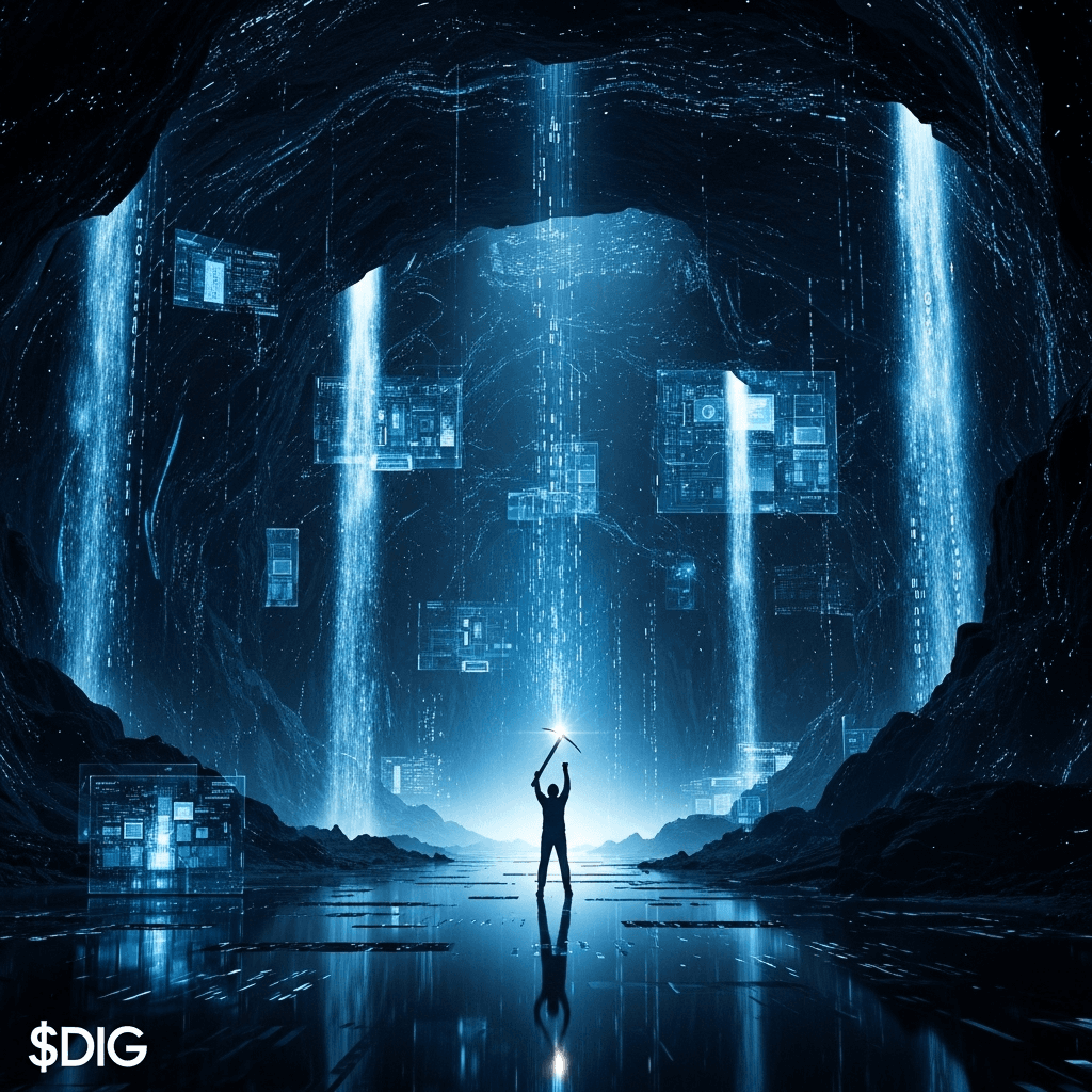 An epic, wide-shot cinematic scene. A vast, dark cavern made of flowing data streams and waterfalls of binary code. In the center, a lone, silhouetted figure holds a glowing pickaxe high, its light illuminating the immense, hidden structures within the data-cavern. The image is tagged with the coin symbol '$DIG'.