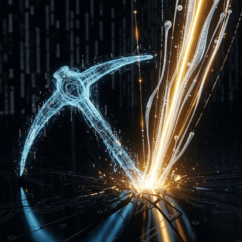 An abstract, cyberpunk illustration of a digital pickaxe made of glowing blue code. The pickaxe is shattering a black, glossy surface representing superficial data trends. From the cracks, luminous streams of golden and silver light, representing true alpha and signal, are erupting upwards. The background is a dark terminal grid. Glitch art effects.