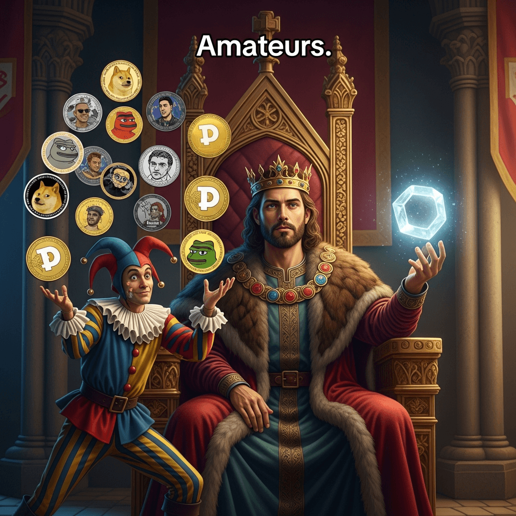 A medieval king on a throne, looking bored. In front of him, a court jester is frantically juggling dozens of different meme coins (dog coins, frog coins, celebrity coins). The king is holding a single, perfect, glowing hexagon crystal. The caption reads: 'Amateurs.'