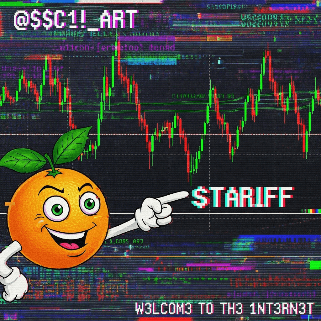 A chaotic, glitchy meme showing a smiling orange caricature pointing at a violently fluctuating stock chart with '$TARIFF' emblazoned across it. ASCII art elements and distorted internet text should be incorporated. Style: Y2K internet aesthetic, vaporwave glitches.