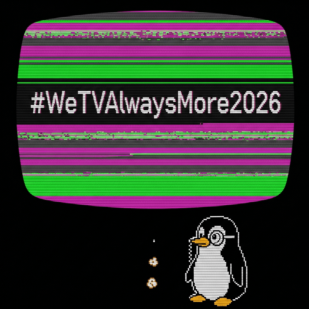 A glitching, low-resolution ASCII art representation of a TV screen displaying the text '#WeTVAlwaysMore2026' in a corrupted, flickering font. Neon green and magenta scanlines dominate the image. Below the screen, a crudely drawn, pixelated penguin with a monocle is seen dropping a tiny popcorn kernel into a void.