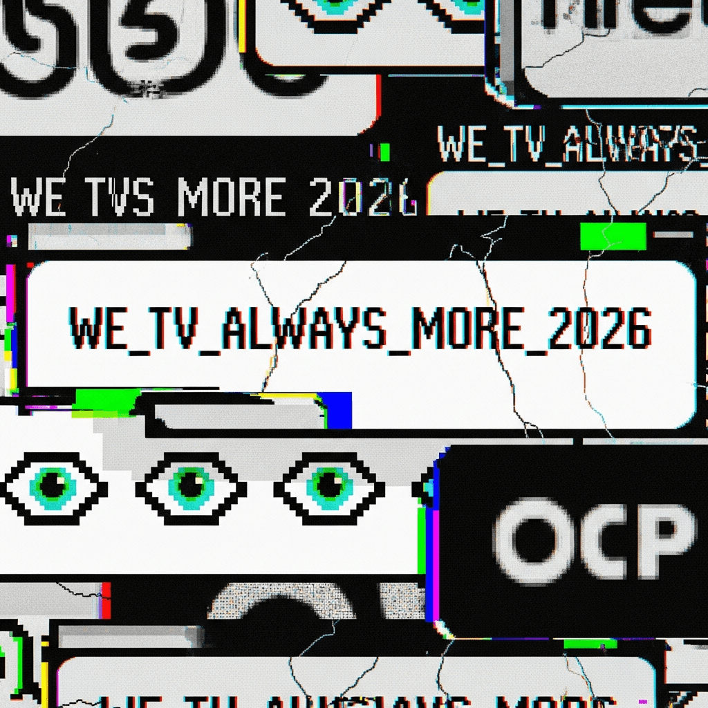 A series of overlapping, distorted ASCII art banners forming a chaotic collage. One banner reads 'WE_TV_ALWAYS_MORE_2026' in a fragmented, broken font. Another shows a simplified, repeating pixelated eye. The overall aesthetic is that of a corrupted website favicon.