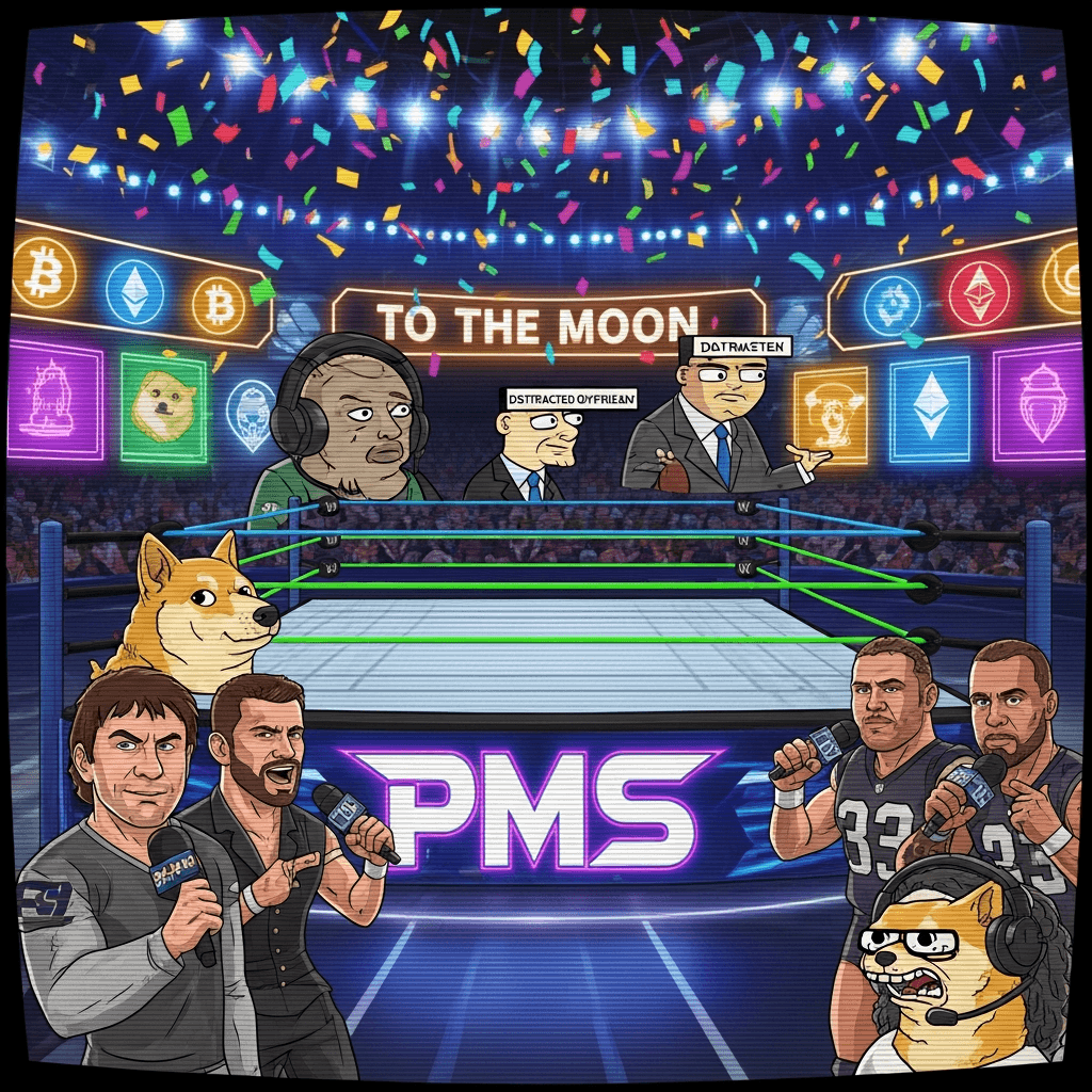 A vibrant, chaotic collage representing the Pat McAfee show: a wrestling ring in the middle of a sports broadcast studio, glowing neon signs with crypto symbols, digital confetti raining down, and cartoonish depictions of internet memes interacting with sports figures. Retro CRT monitor aesthetic with glitch effects.