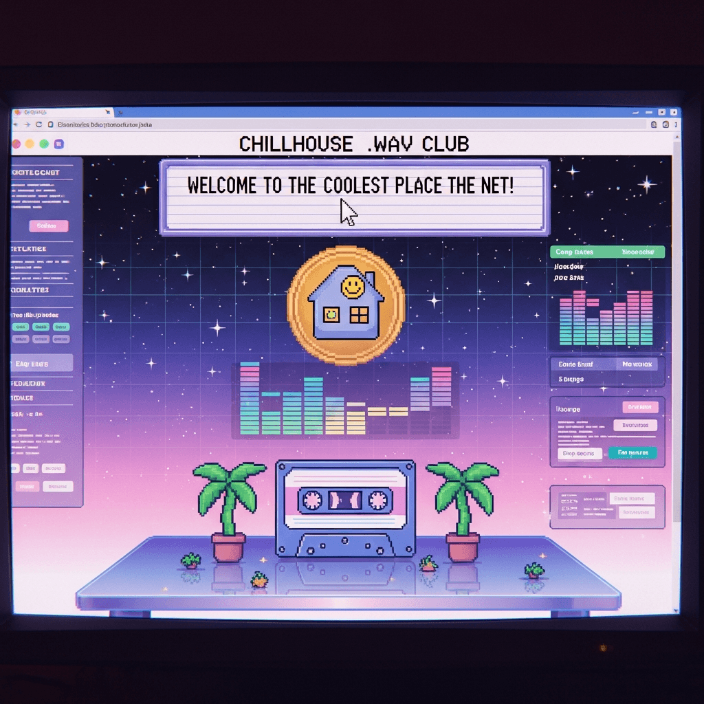 Retro late-90s web page mockup titled 'CHILLHOUSE .WAV CLUB' with scrolling marquee and blinking cursor, tiled starry GIF background, smiley-window house icon coin, cassette tape and palm plants on a glass table, pastel neon palette, soft gradients, equalizer bars embedded, layout reminiscent of GeoCities and Winamp skin, cozy and nostalgic.