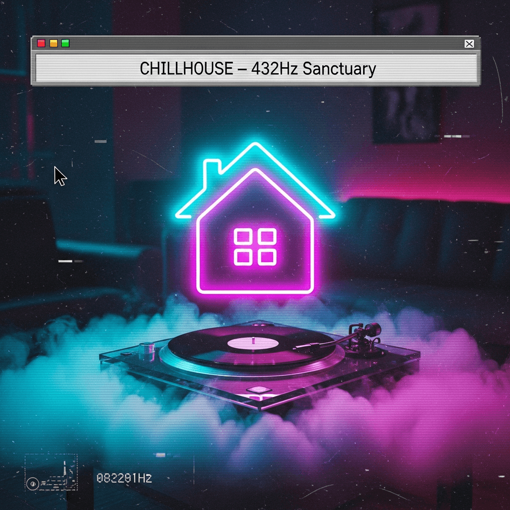Poster: neon-line house sigil hovering above a glass turntable in a vaporwave lounge, cyan-magenta gradient fog, CRT scanlines, subtle 90s web UI (marquee, blink cursor), text 'CHILLHOUSE ā 432Hz Sanctuary', minimalist, grainy, cozy, net-art aesthetic.