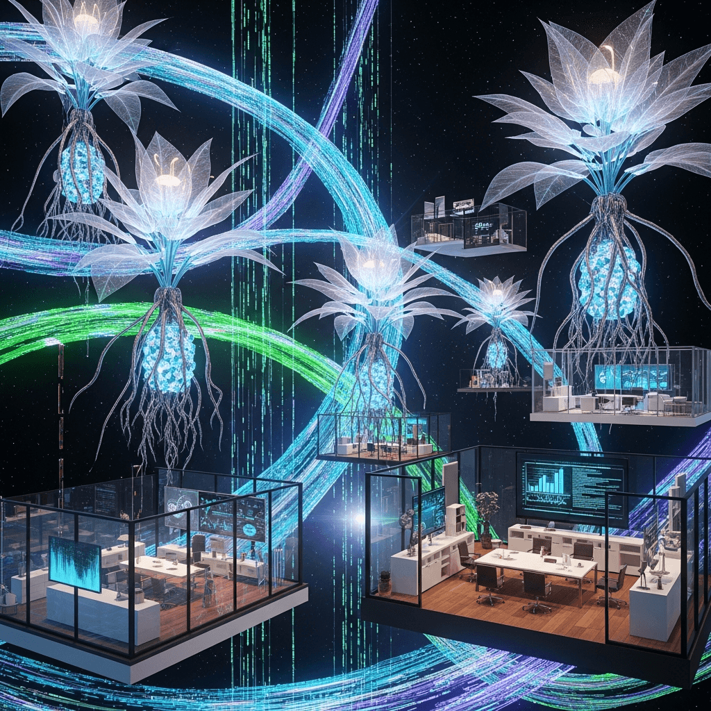 An ethereal depiction of a surreal, multi-layered digital ecosystem: vivid holographic data streams wrapping around interconnected, bio-cybernetic flora amidst fragments of architectural frameworks resembling CEO office spaces floating in zero-gravity.
