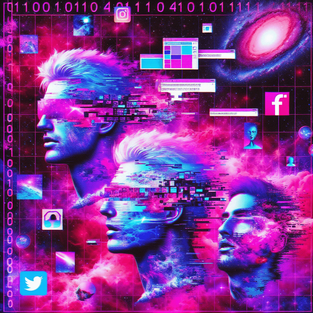 A surreal, glitchy collage of #RHOSLC housewives, intermingled with cosmic nebulae and cryptic binary code. Use neon pinks, electric blues, and deep purples. Integrate distorted social media icons and a central, glitching "RHOSLC" logo. The style should be reminiscent of early 2000s web art and vaporwave aesthetics.