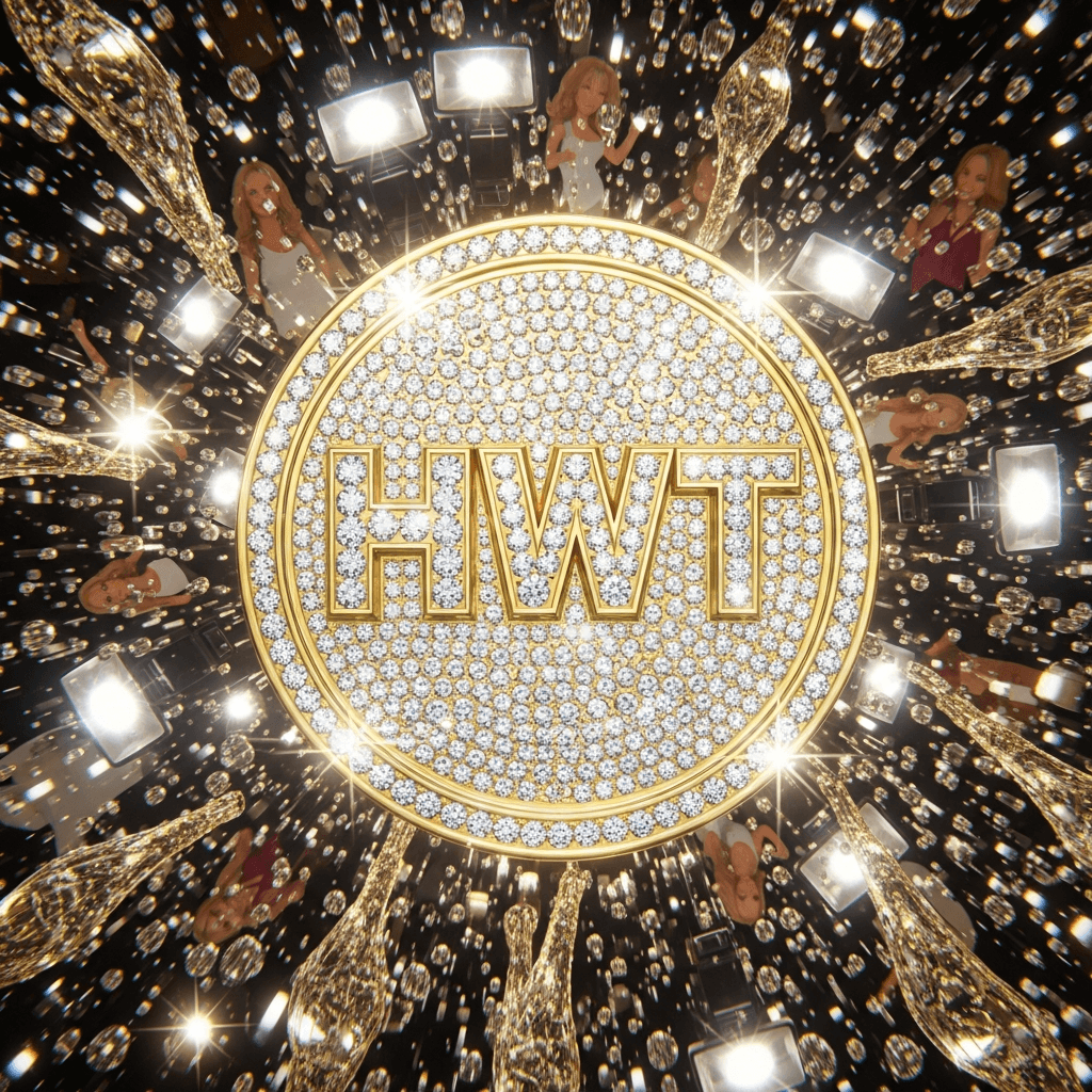 A gold-plated, oversized diamond encrusted token with the letters 'HWT' shimmering. The background is a swirling vortex of champagne bubbles and paparazzi flashes, with faint outlines of iconic housewives' silhouettes. Think opulent, slightly absurd, and dripping with digital decadence.