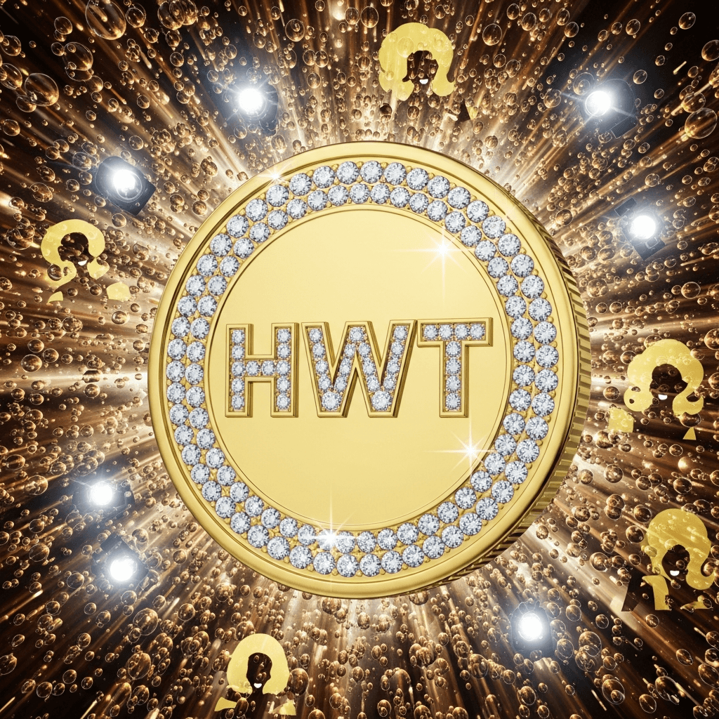 A gold-plated, oversized diamond encrusted token with the letters 'HWT' shimmering. The background is a swirling vortex of champagne bubbles and paparazzi flashes, with faint outlines of iconic housewives' silhouettes. Think opulent, slightly absurd, and dripping with digital decadence.