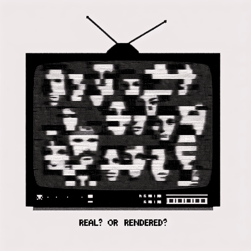 A stark, minimalist ASCII art image of a television screen displaying static, but within the static, fragmented faces from reality TV shows (like RHOSLC) are barely discernible. Below the screen, the text 'REAL? OR RENDERED?' in a pixelated font. The overall aesthetic is retro, digital, and slightly unsettling.