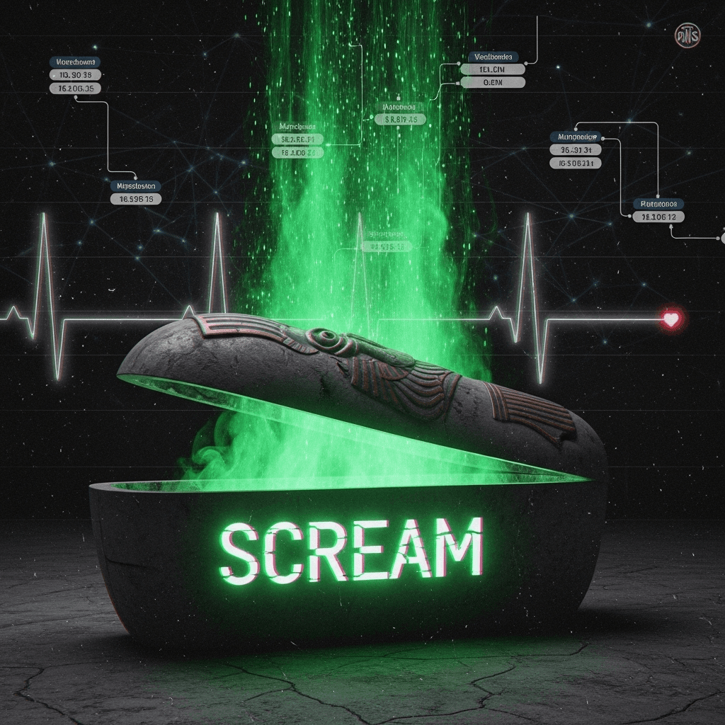 A retro, VHS-style horror graphic of a cursed Egyptian sarcophagus opening, with green digital fog pouring out, revealing the $SCREAM logo etched in glowing hieroglyphs, set against a backdrop of a haunted blockchain network with nodes pulsating like heartbeats.