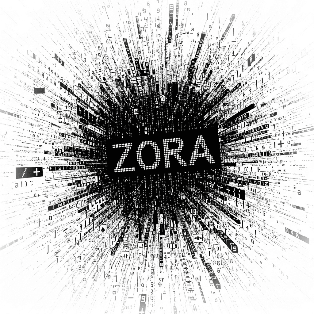 An intricate ASCII art representation of a data matrix with 'ZORA' at its core. Lines, blocks, and abstract symbols creating a sense of depth and complexity. Glitchy aesthetic, with parts seemingly deconstructing and reconstructing. Monochromatic or two-tone, stark contrast.