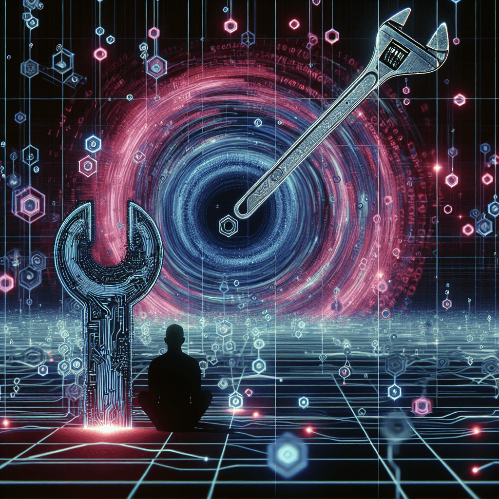 An abstract digital landscape where interconnected nodes glow with data streams. In the foreground, fragmented ASCII characters form a swirling vortex, with faint outlines of ZORA and a plumbing wrench emerging from the chaos. The background depicts a recursive pattern, suggesting endless loops and echoes of past events. Glitch art style, neon lines, cybernetic aesthetics.