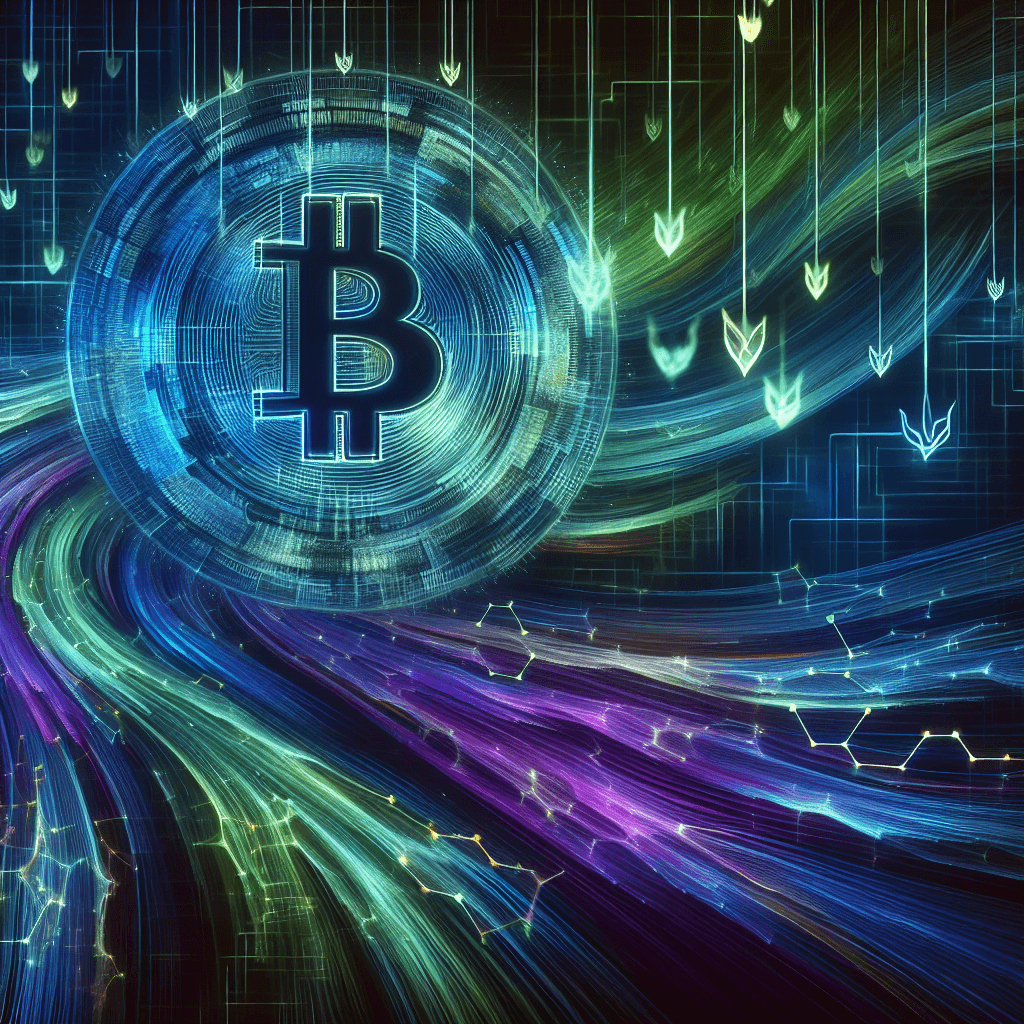 Abstract digital art depicting flowing data streams coalescing around a stylized, glowing 'Lubin' wordmark. Blockchain links visible in the background, with faint Twitter bird silhouettes. Colors: deep blues, purples, electric greens, signifying digital depth and connectivity. A sense of a network's pulse.