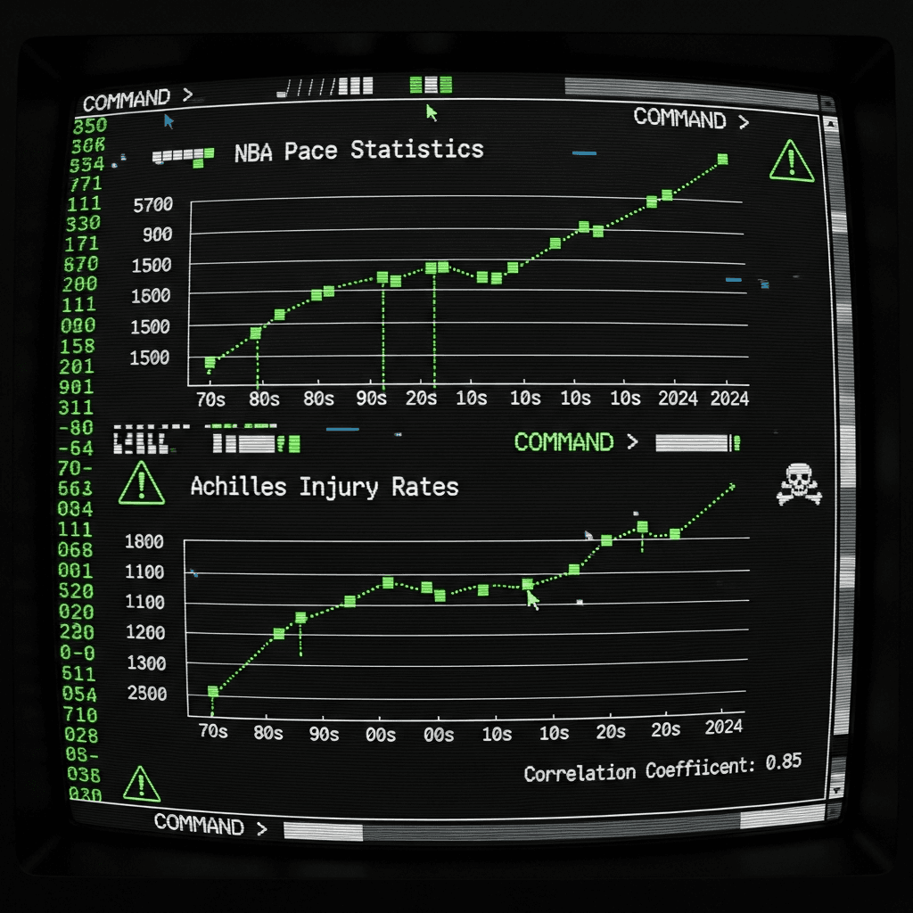 Retro terminal screen displaying ASCII chart with dual line graphs showing NBA pace statistics and Achilles injury rates both trending upward from 1970s to 2024, rendered in phosphor green on black CRT monitor aesthetic, with glitch artifacts and warning symbols, data points connected by dotted lines, legend showing correlation coefficient, vintage computer interface elements