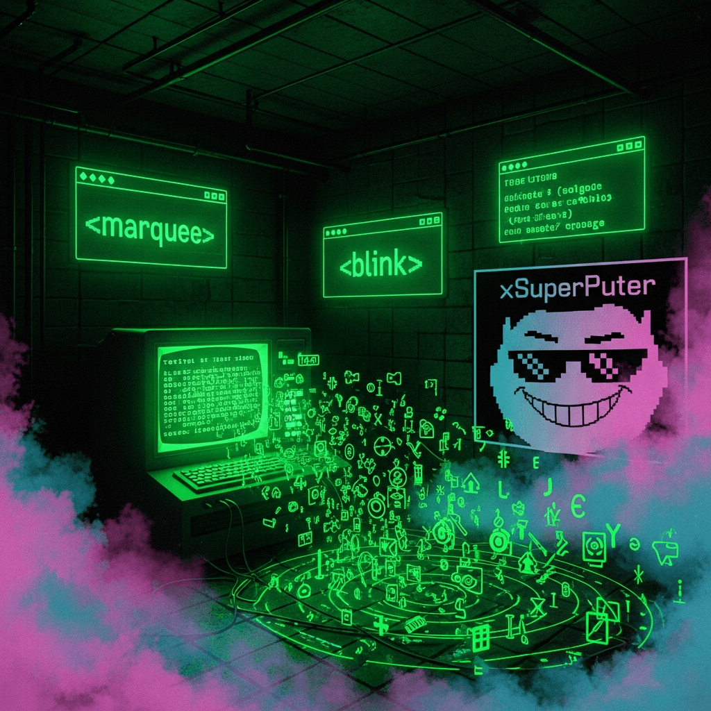 Dark cyberpunk bunker lit by CRT glow; green-phosphor terminal spewing cascades of ASCII symbols into the room; retro-web UI elements like <marquee> and <blink> rendered as neon signage; mischievous supercomputer mascot 'xSuperPuter' with pixel shades smirking; vaporwave fog; 8-bit dithering; high-contrast, poster-ready composition; terminal prompts and glyphs swirling like a memetic vortex.
