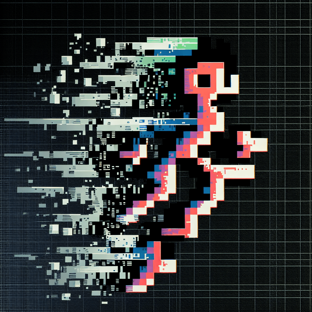 A pixelated 8-bit video game hero, mid-jump, but he is glitching and dissolving into a cascade of distorted pixels. The pixels fall downwards, rearranging themselves into a symbol of a dollar sign being crossed out. The background is a stark, digital black.