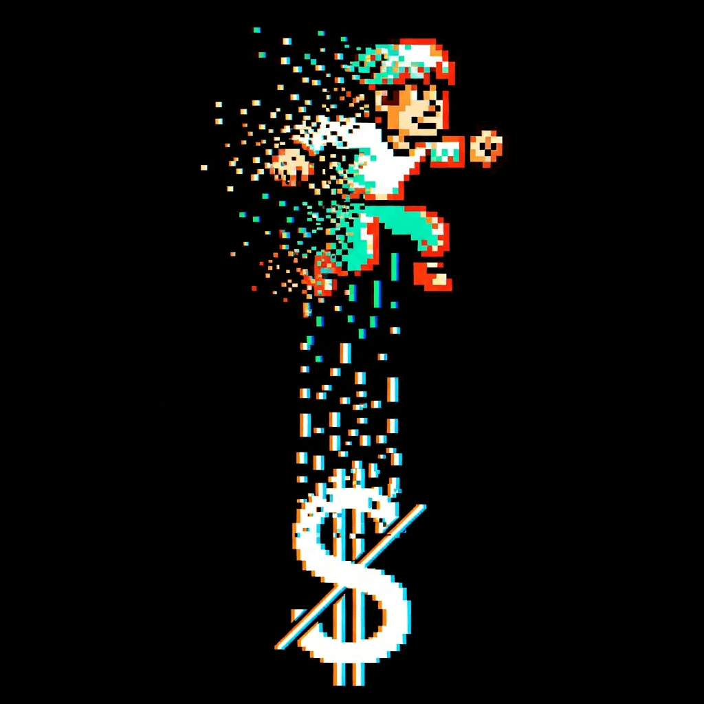 A pixelated 8-bit video game hero, mid-jump, but he is glitching and dissolving into a cascade of distorted pixels. The pixels fall downwards, rearranging themselves into a symbol of a dollar sign being crossed out. The background is a stark, digital black.