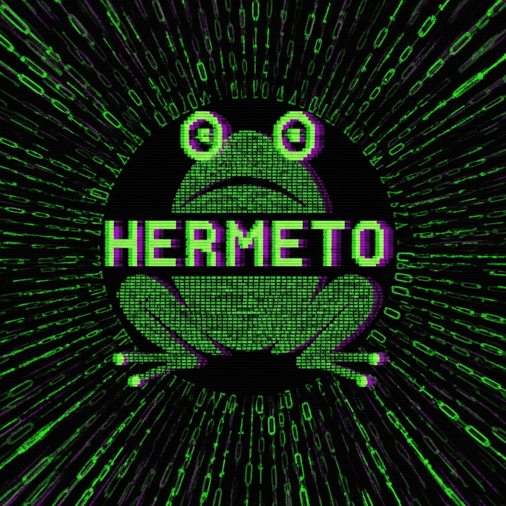 A glitchy, retro ASCII art depiction of a stylized frog, the symbol for Hermeto coin. The frog should be composed of 'H', 'E', 'R', 'M', 'E', 'T', 'O' characters, with flickering green and purple terminal colors. Surround it with swirling binary code and cryptic symbols like '▲', '▼', '▓', '▒', '░'.
