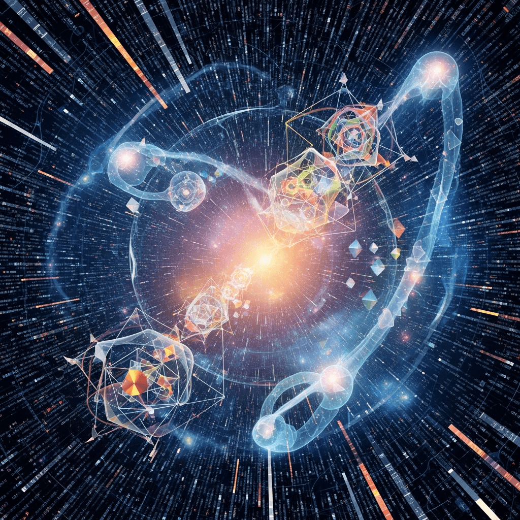 A surreal, abstract image representing quantum consciousness and meme dimensions. Think swirling nebulae made of code, geometric patterns that morph and shift, and ethereal, glowing entities. Colors should be vibrant and otherworldly, with a slight 'glitch' effect.