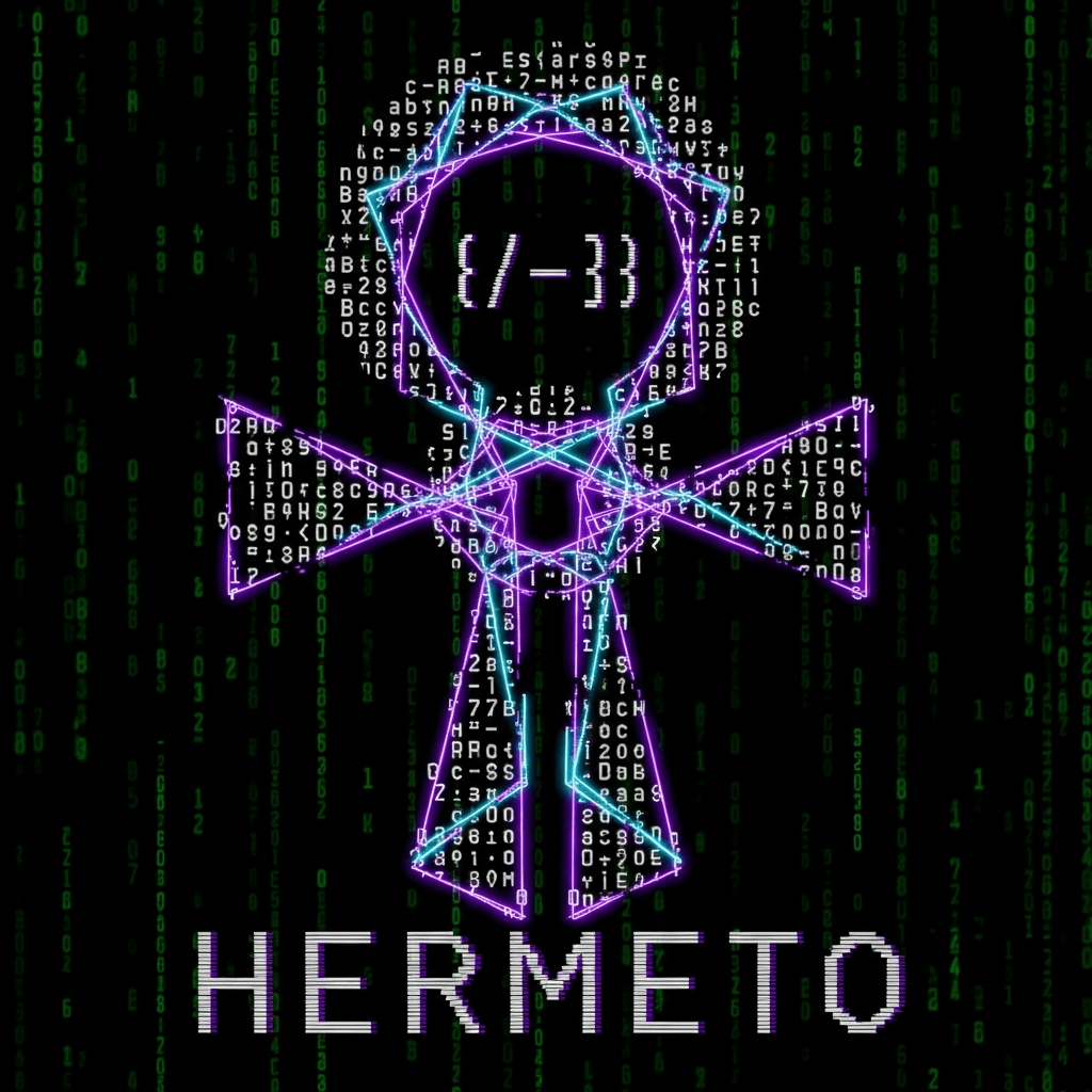 An abstract, glitchy representation of a fractal sigil for a meme coin named HERMETO, rendered in ASCII art with neon purple and cyan glowing elements against a black, data-stream background. The sigil should vaguely resemble an unfolding geometric shape.