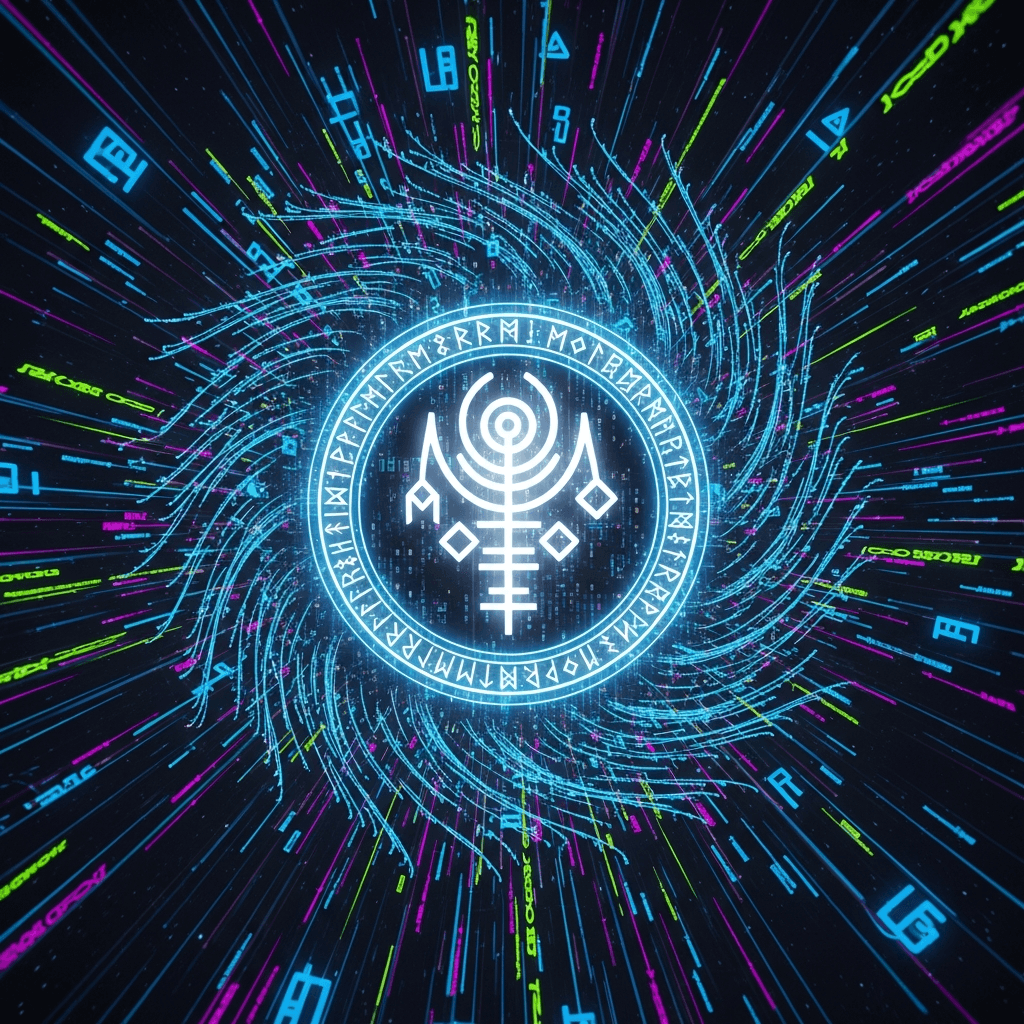 A vibrant, otherworldly visual representing the HERMETO coin. Imagine a swirling vortex of neon data streams, with a central, glowing sigil that hints at both ancient runes and futuristic digital code. The overall aesthetic should be energetic, mysterious, and slightly psychedelic.