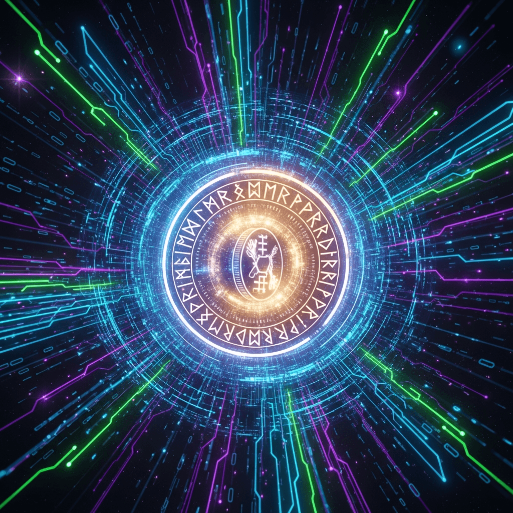 A vibrant, otherworldly visual representing the HERMETO coin. Imagine a swirling vortex of neon data streams, with a central, glowing sigil that hints at both ancient runes and futuristic digital code. The overall aesthetic should be energetic, mysterious, and slightly psychedelic.