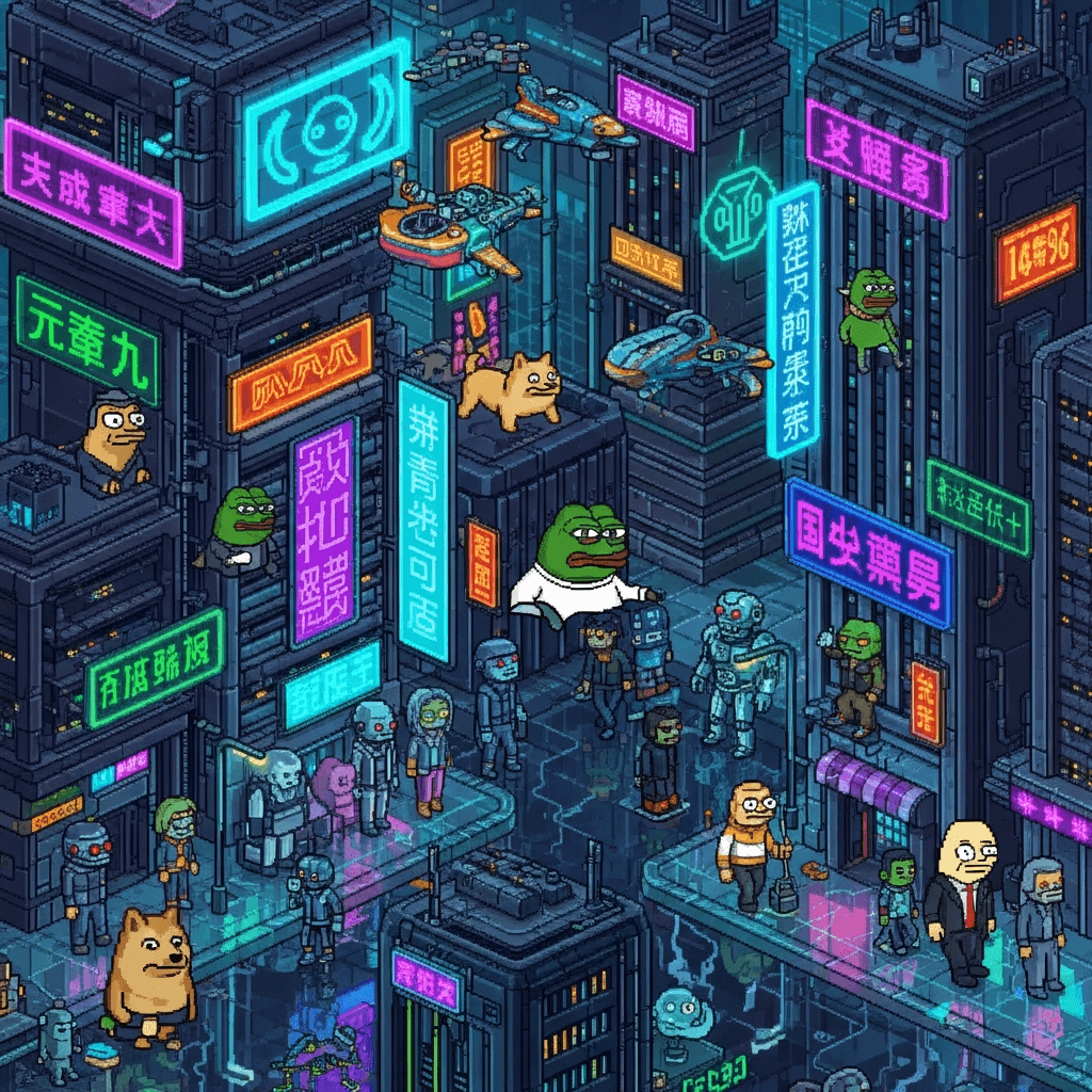 Imagine a futuristic pixel-art city, bustling with cyber beings and meme icons living harmoniously, neon signs in unknown languages casting colorful glows across the scene. The vibe should feel both retro-gaming and ultra-modern, capturing the essence of nostalgia meeting innovation.