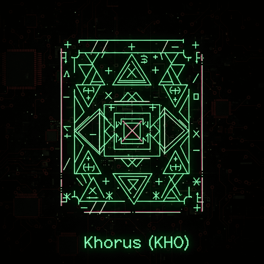A complex ASCII art 'sigil' for Khorus (KHO), resembling an ancient digital glyph. It incorporates geometric patterns, subtle distortions, and nested symbols, giving the impression of a powerful, cryptic network entity. Glowing neon green lines on a dark, circuit-board-like background.