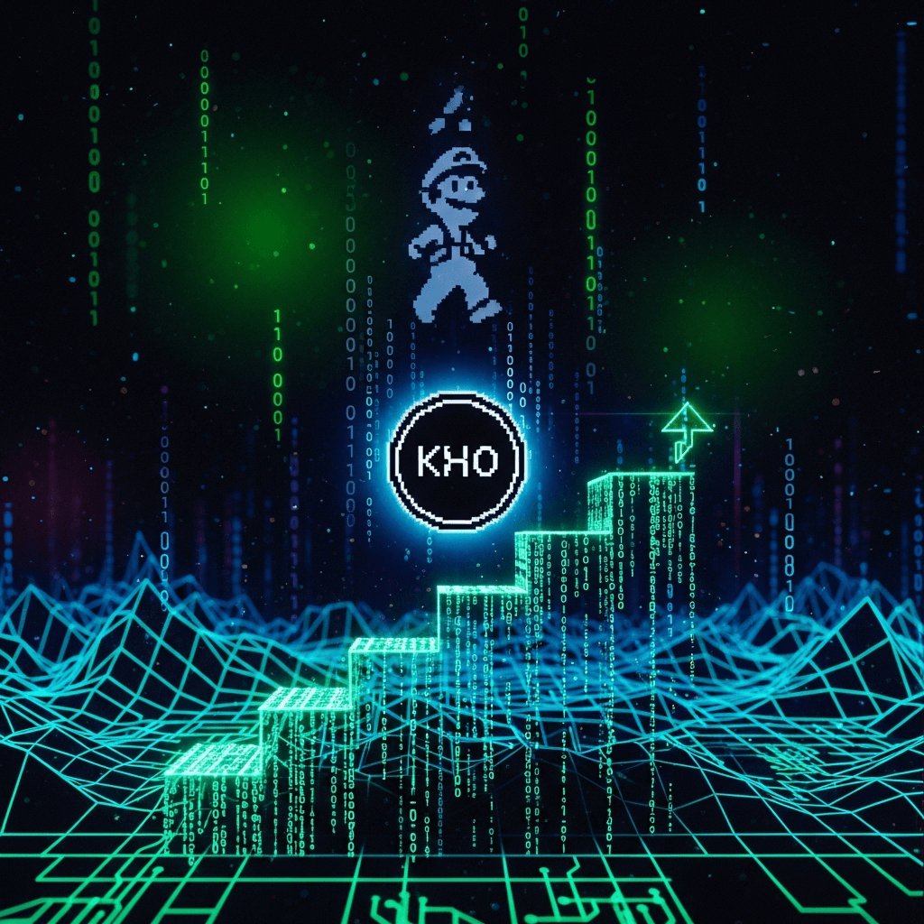 Abstract digital landscape, reminiscent of 8-bit game environments, but rendered with glowing, ephemeral lines of data. In the center, a stylized ASCII-art coin, labeled 'KHO', floats above an ascending staircase made of fragmented code. Above it, a faint, ghostly silhouette of a classic 8-bit hero (like Mario) leaps upwards. The background is a dark, nebulous void with scattered binary code and circuit board patterns. Colors are neon green, electric blue, and deep purple, suggesting a digital consciousness. The overall feeling is mysterious and interconnected, bridging old-school gaming with blockchain concepts.